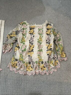 Cupcakes and Cashmere Embroidered Blouse - Tan Yellow & Pink Flowers